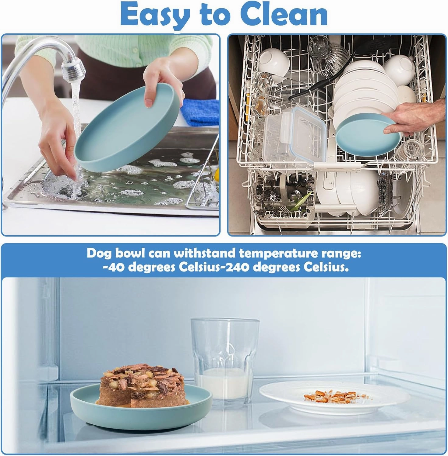 Silicone Dog Bowl Set of 2 Flat Puppy Food & Water Dish Less Mess Cat Dry Food Plates with Suction Cup Non-Tippable Feeding Bowls for Small & Medium-Sized Pets (Round Pale Blue)