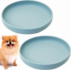 Silicone Dog Bowl Set of 2 Flat Puppy Food & Water Dish Less Mess Cat Dry Food Plates with Suction Cup Non-Tippable Feeding Bowls for Small & Medium-Sized Pets (Round Pale Blue)