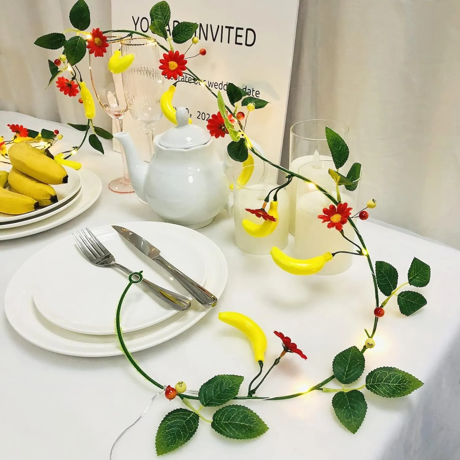 Simulation Banana String Lights Artificial Fruit Banana Berries Flowers Hanging Vines Plant Garland Fairy Light for Wedding Party Festival Christmas Birthday Decor (4 Pack, A-Banana with Light)