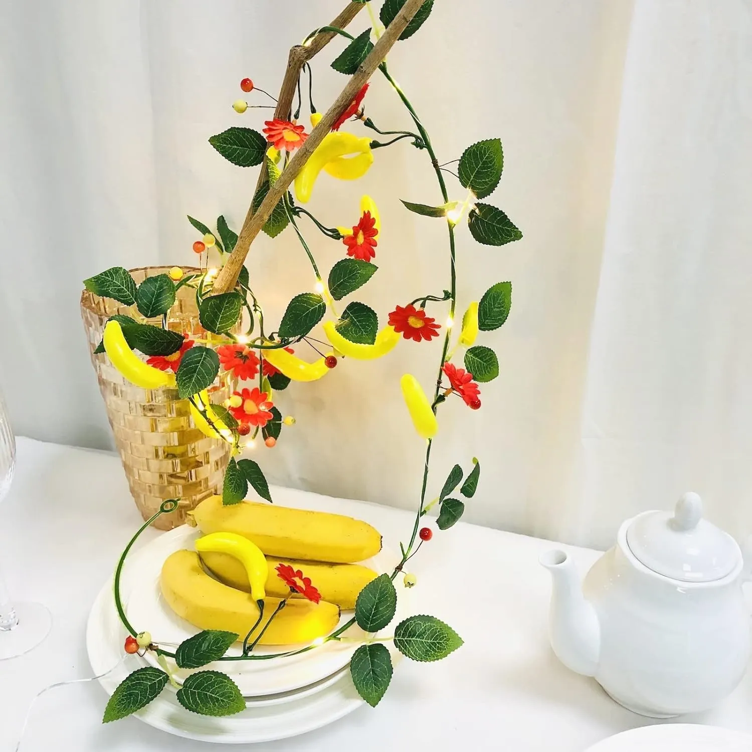 Simulation Banana String Lights Artificial Fruit Banana Berries Flowers Hanging Vines Plant Garland Fairy Light for Wedding Party Festival Christmas Birthday Decor (4 Pack, A-Banana with Light)