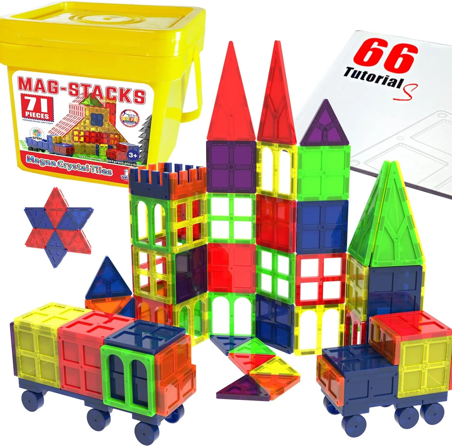 SIX Wheels Magnetic Building Blocks Magnetic Tiles STEM Toys ,Gift Container,66 Pages Tutorial for Preschool Kids & Toddler 3 4 5 6 7 8,Manget Toy Set to Creat Car, Animals, Circus, Castle,Carousel