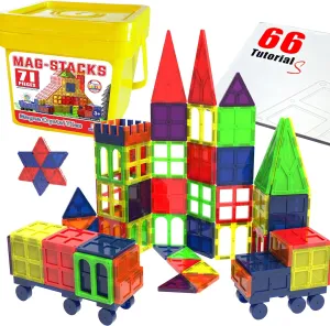 SIX Wheels Magnetic Building Blocks Magnetic Tiles STEM Toys ,Gift Container,66 Pages Tutorial for Preschool Kids & Toddler 3 4 5 6 7 8,Manget Toy Set to Creat Car, Animals, Circus, Castle,Carousel