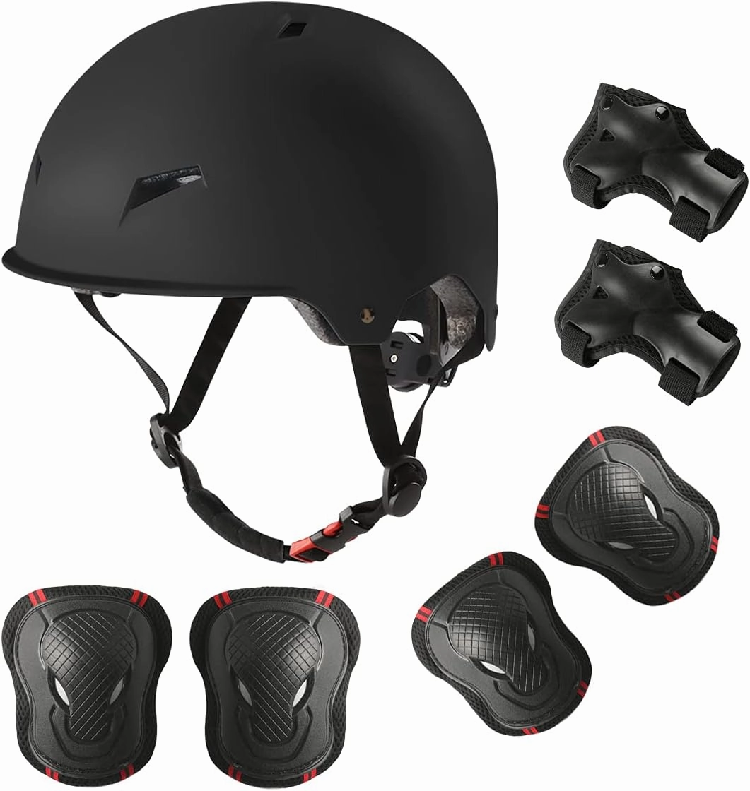 Skateboard Bike Helmet for Adults Adjustable Knee Elbow Pads Wrist Guards Protective Gear Helmets Set Teens for Bicycle Cycling Skate Scooter Bicycle Helmet