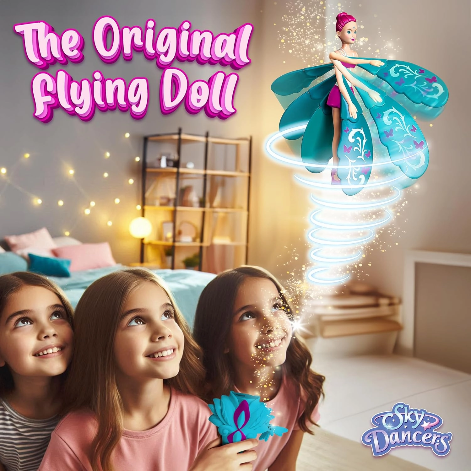 Sky Dancers Turquoise Twinkle – The Original Flying Doll Toy – Pull String Powered, Use Indoors or Outdoors, No Batteries Required, Gift for Kids 6 