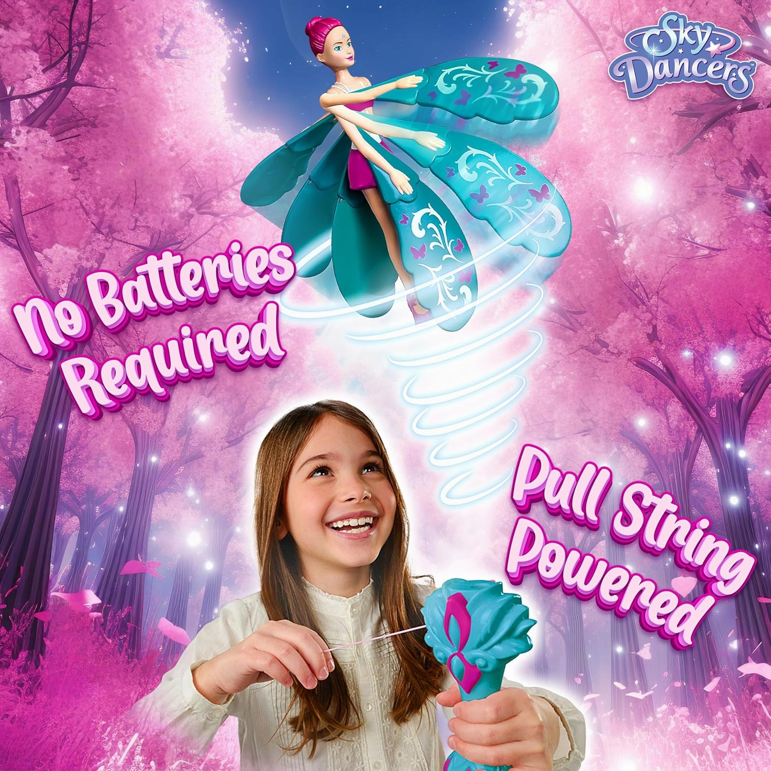 Sky Dancers Turquoise Twinkle – The Original Flying Doll Toy – Pull String Powered, Use Indoors or Outdoors, No Batteries Required, Gift for Kids 6 