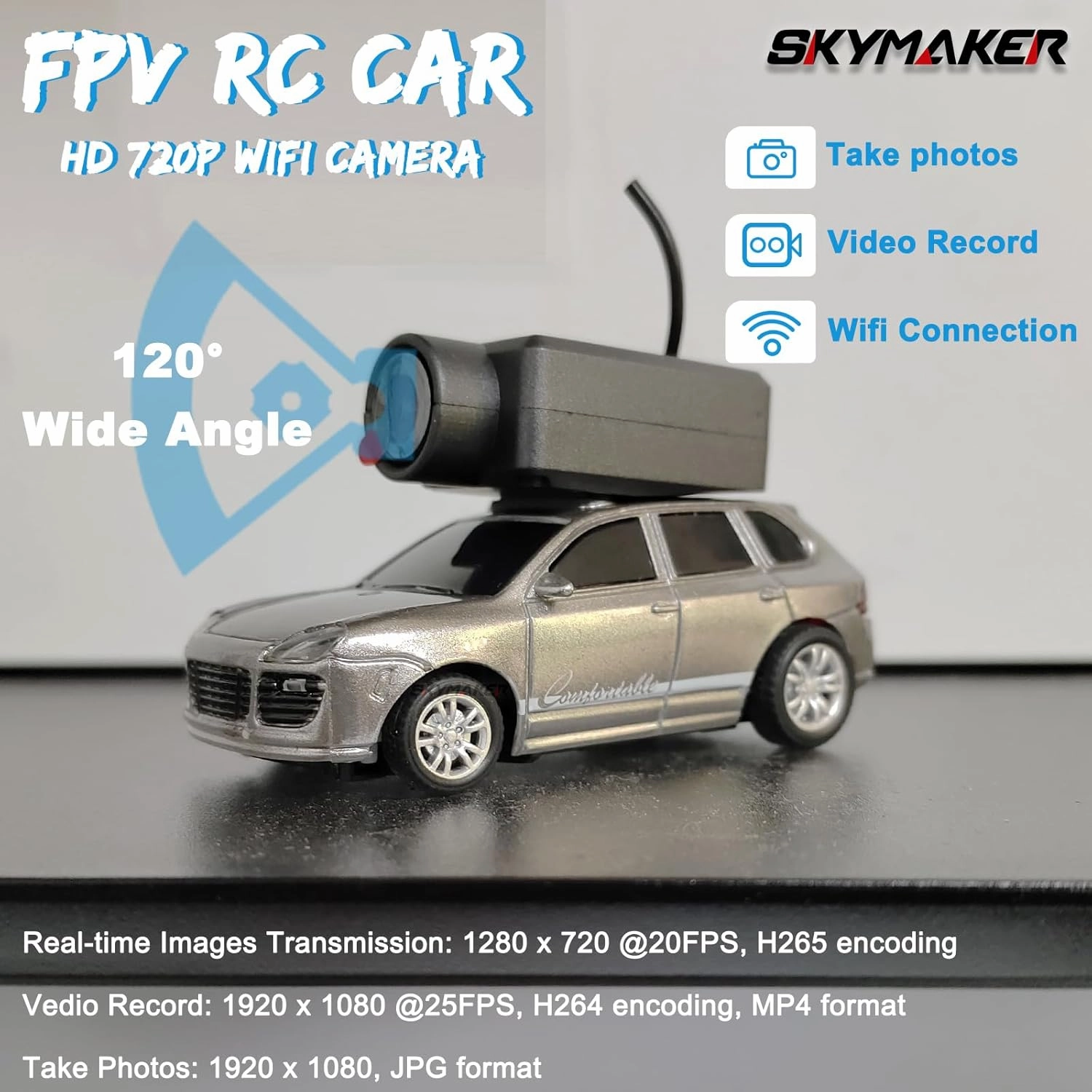 Skymaker 1:64 Scale Mini Drift RC Car, FPV RC Car with 720P HD Camera, 2.4GHz WiFi App Control with Gyro, Mini Racing Cars for Adults(Silver)