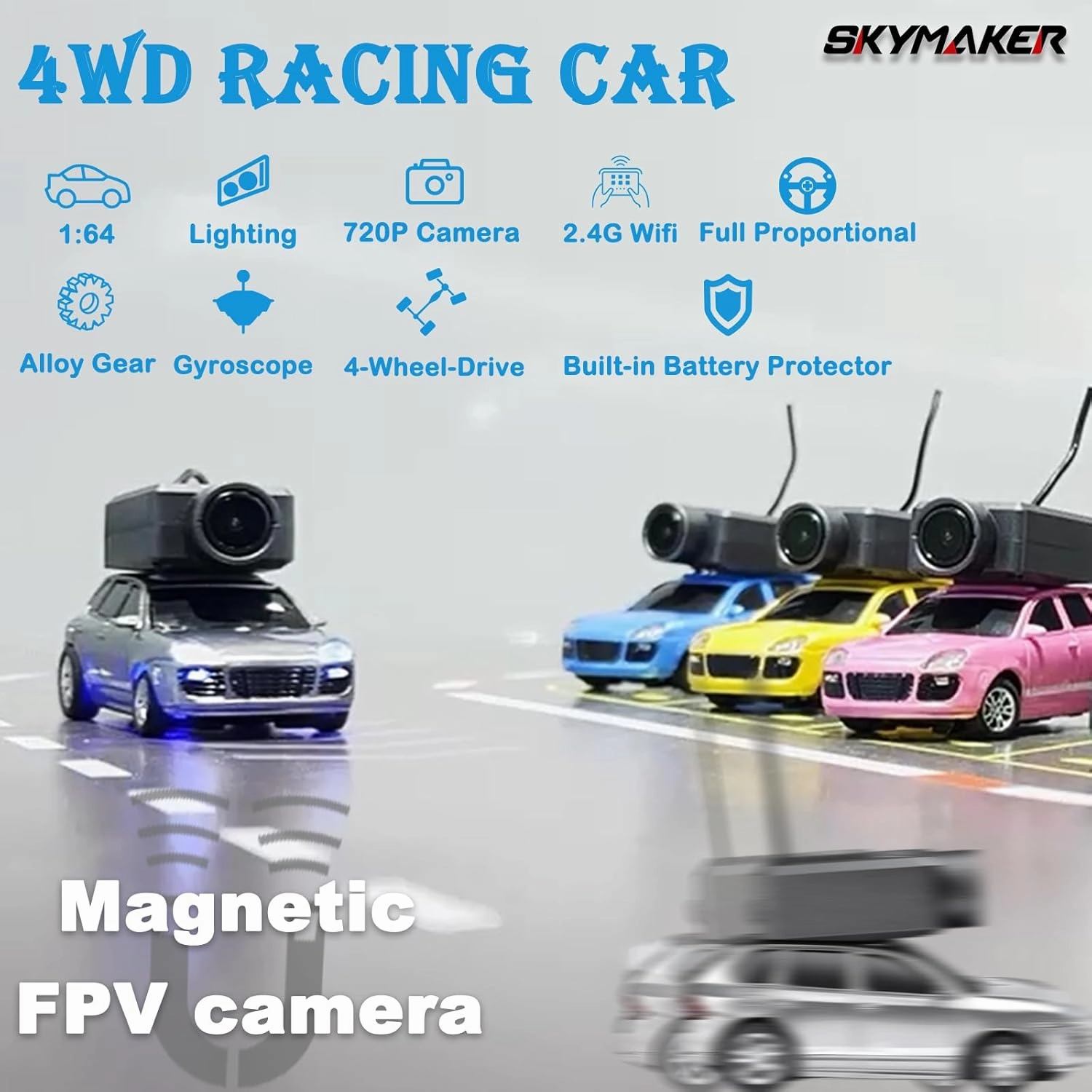 Skymaker 1:64 Scale Mini Drift RC Car, FPV RC Car with 720P HD Camera, 2.4GHz WiFi App Control with Gyro, Mini Racing Cars for Adults(Silver)