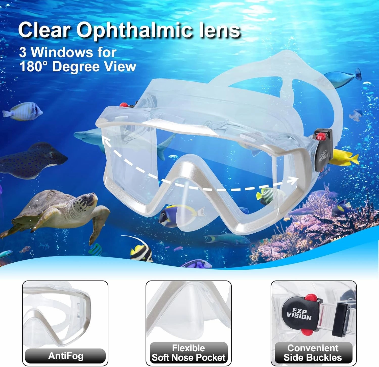 Snorkel Set Pano 3 Window Adult Snorkeling Gear, Professional Snorkel Goggles Anti-Fog Diving Mask, Anti-Leak Swim Goggles and Dry Top Snorkel for Diving, Snorkeling, Swimming