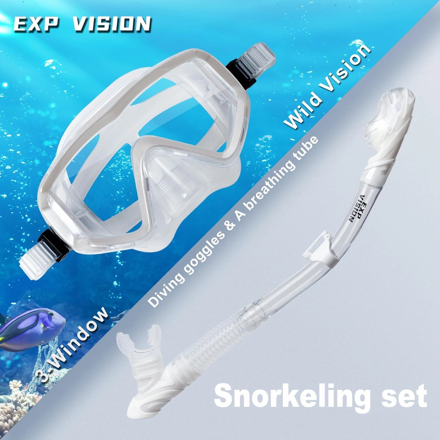 Snorkel Set Pano 3 Window Adult Snorkeling Gear, Professional Snorkel Goggles Anti-Fog Diving Mask, Anti-Leak Swim Goggles and Dry Top Snorkel for Diving, Snorkeling, Swimming