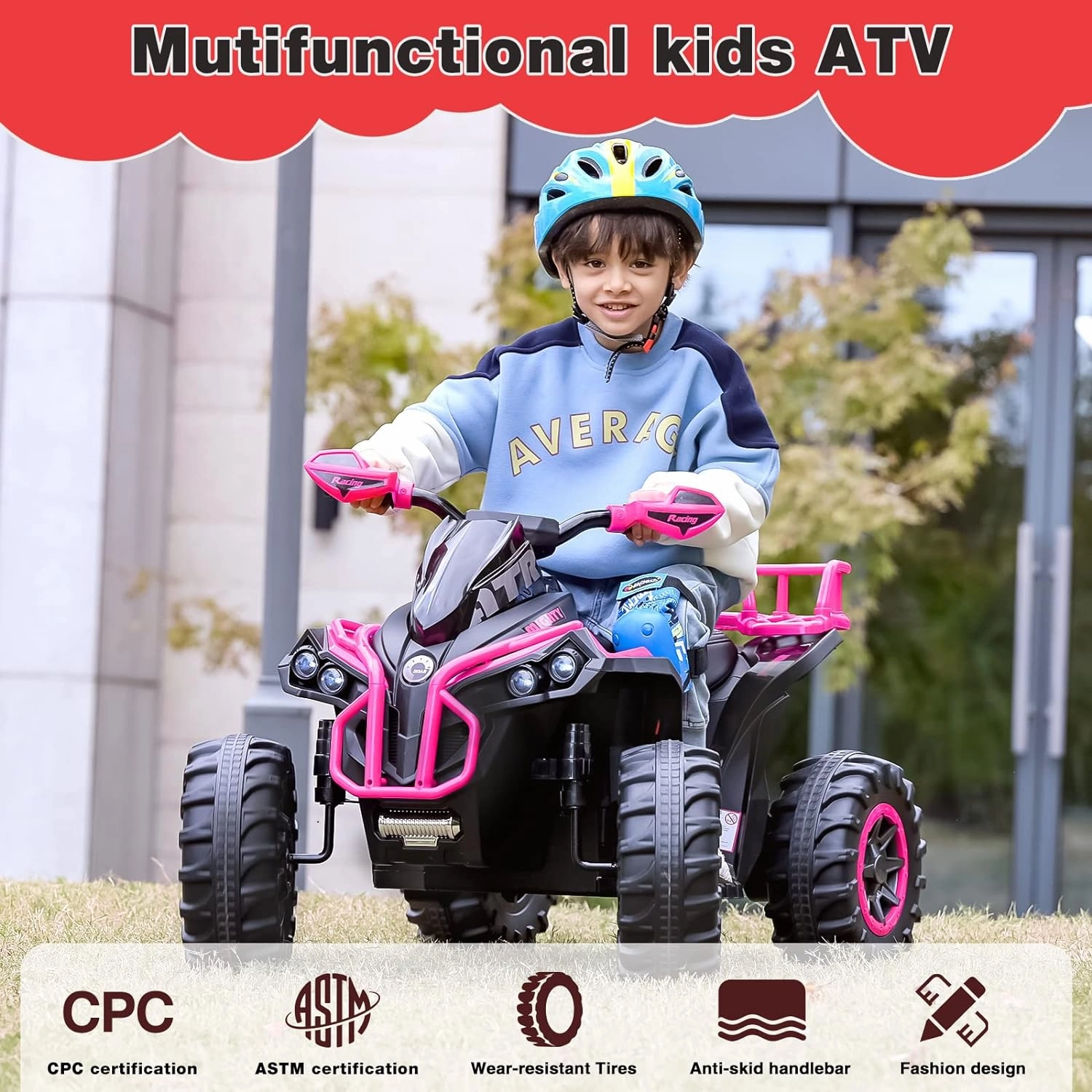 Soar Four Wheeler for - Electirc Toddler 4 Wheeler for 3-6, Ride on ATV 12v Battery Powered, Quad with LED Lights, Music, High Low Speed, USB/TF, Treaded Tires, Pink