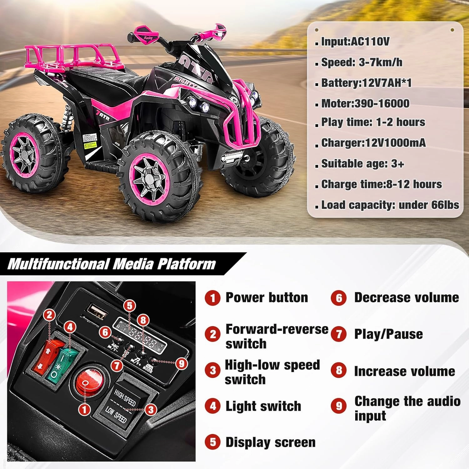 Soar Four Wheeler for - Electirc Toddler 4 Wheeler for 3-6, Ride on ATV 12v Battery Powered, Quad with LED Lights, Music, High Low Speed, USB/TF, Treaded Tires, Pink