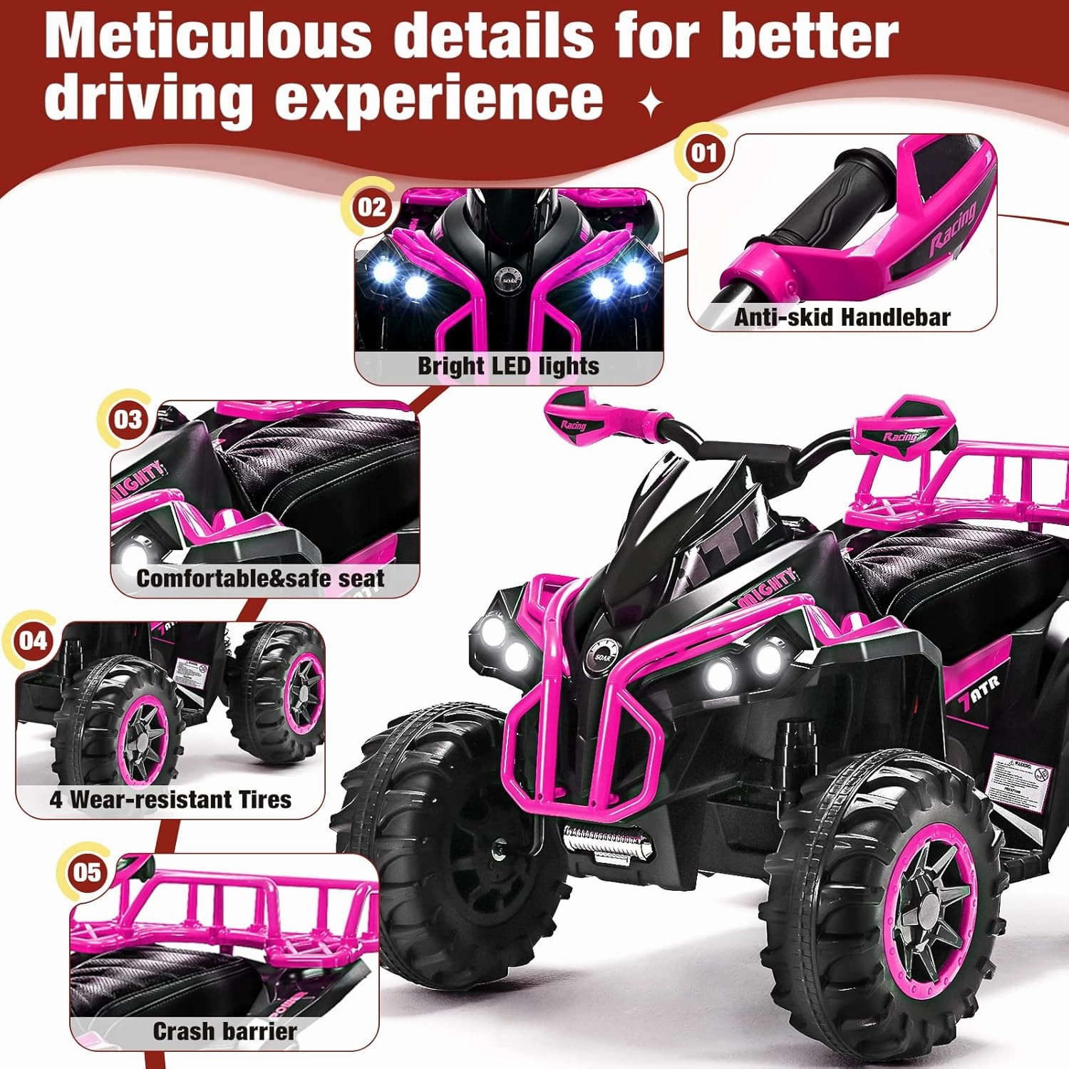 Soar Four Wheeler for - Electirc Toddler 4 Wheeler for 3-6, Ride on ATV 12v Battery Powered, Quad with LED Lights, Music, High Low Speed, USB/TF, Treaded Tires, Pink