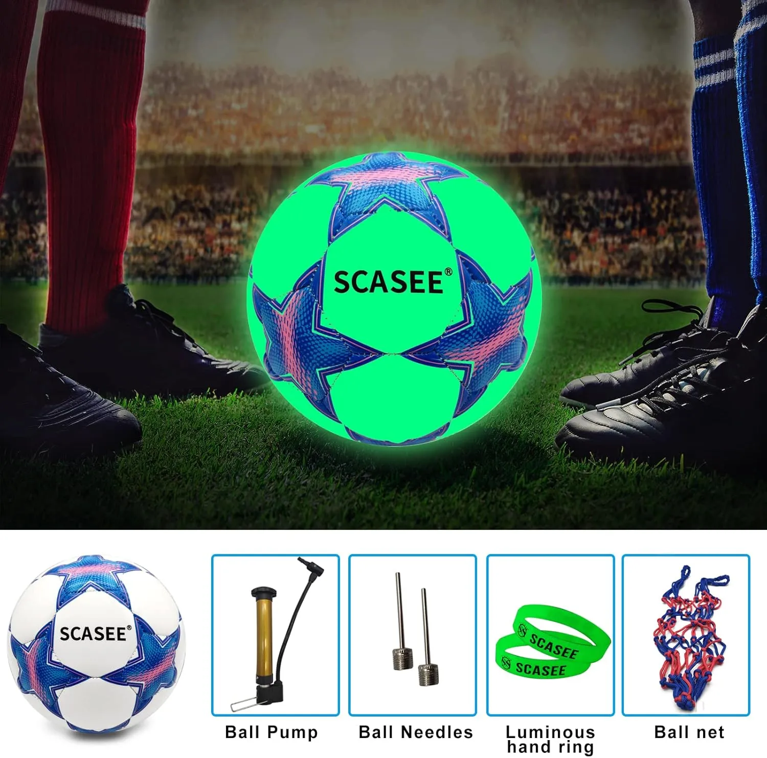 Soccer Ball Holographic Size 5 & Size 4 & Size 3 Glow in The Dark Soccer Balls with Pump and Net Ball- Gifts for Kids,Men,Adults