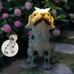 Solar Dog Garden Statue, Outdoor Lawn Decor Figurine Light, Resin Flower Sculptures with LED Lights, Art Housewarming Ornament Gift for Yard Fairy Backyard Lawn Patio Porch Balcony (Spotted Puppy)
