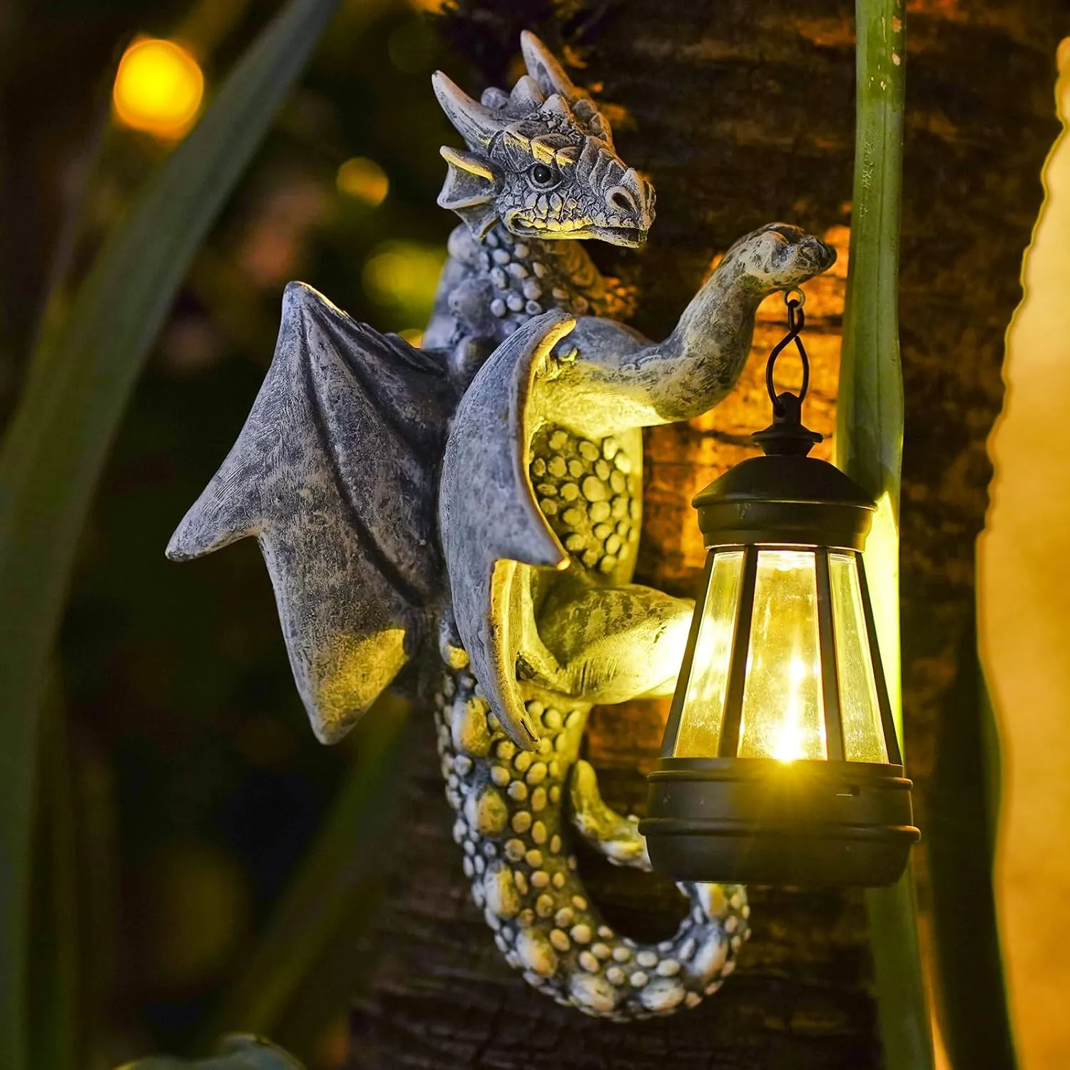 Solar Garden Decor Dragon Tree Hugger - 9.3 Inch Garden Statues Lawn Ornaments for Outside Balcony Yard Whimsical Art Outdoor,Medieval Fantasy Halloween Decor