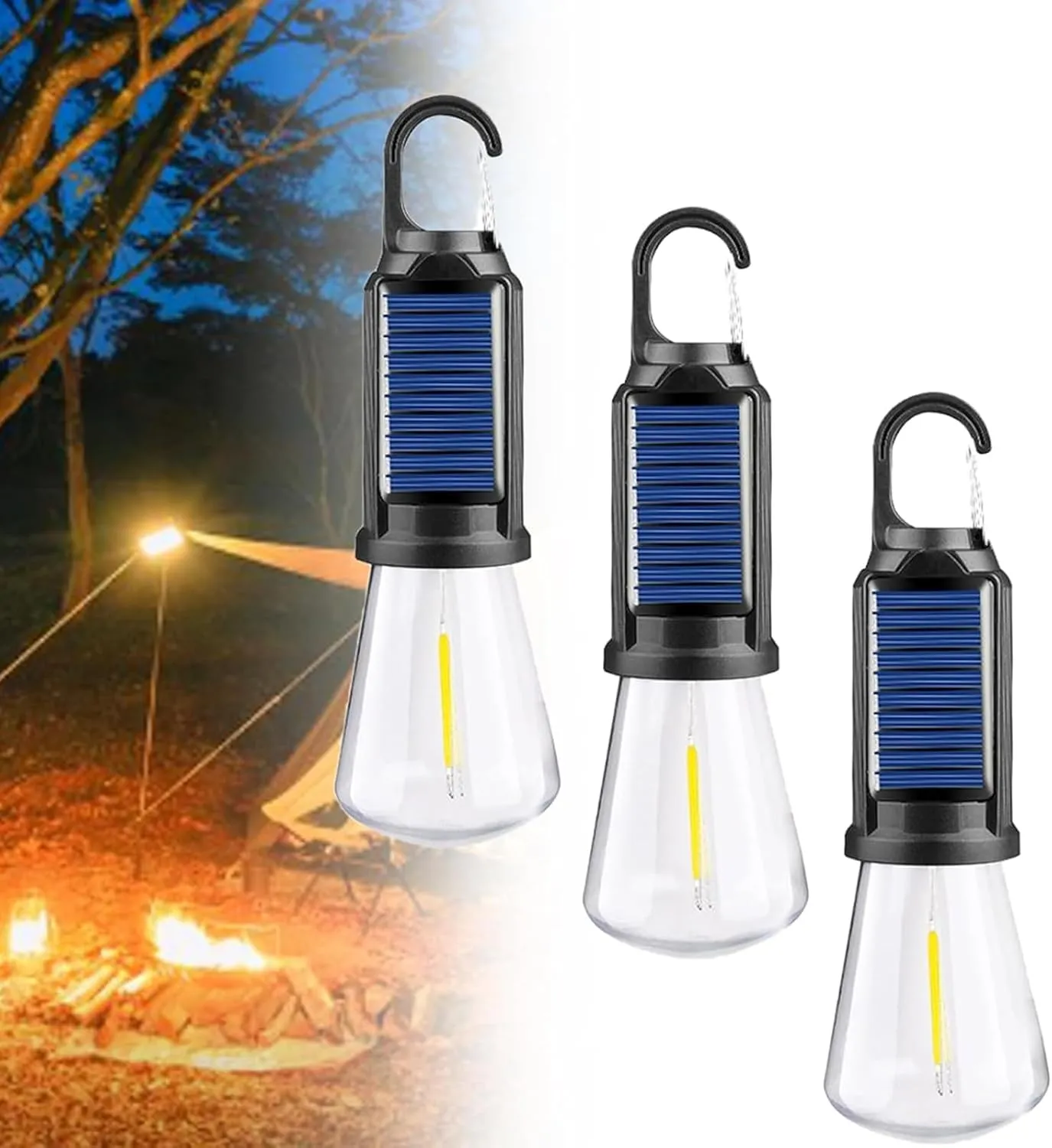 Solar Rechargeable Hooked Camping Light, Solar Tent Lights USB Rechargeable LED Camping Lantern, Outdoor Hanging Light Bulbs, Portable Outdoor Waterproof Emergency Light Bulb (Flat,3 PCS)
