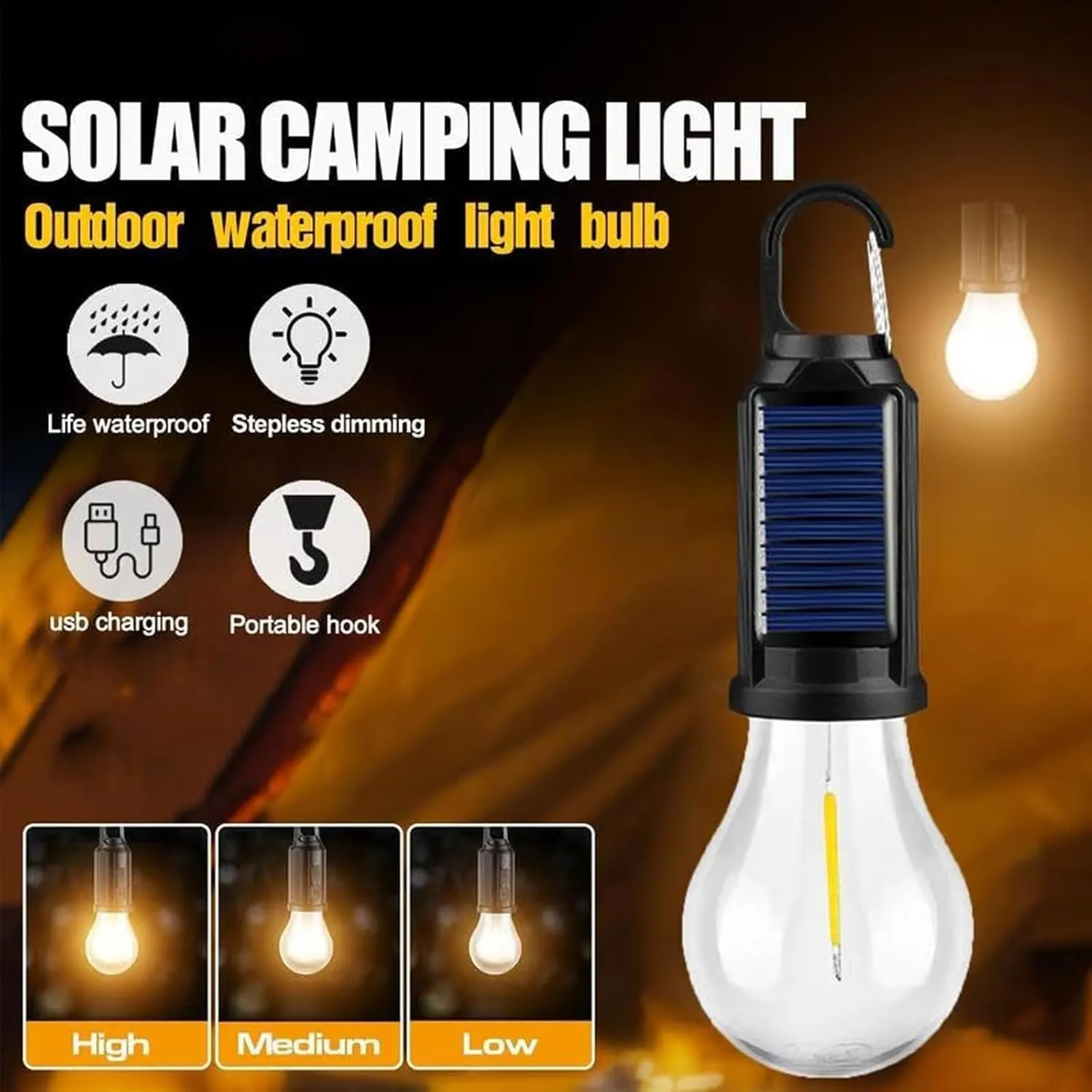 Solar Rechargeable Hooked Camping Light, Solar Tent Lights USB Rechargeable LED Camping Lantern, Outdoor Hanging Light Bulbs, Portable Outdoor Waterproof Emergency Light Bulb (Flat,3 PCS)