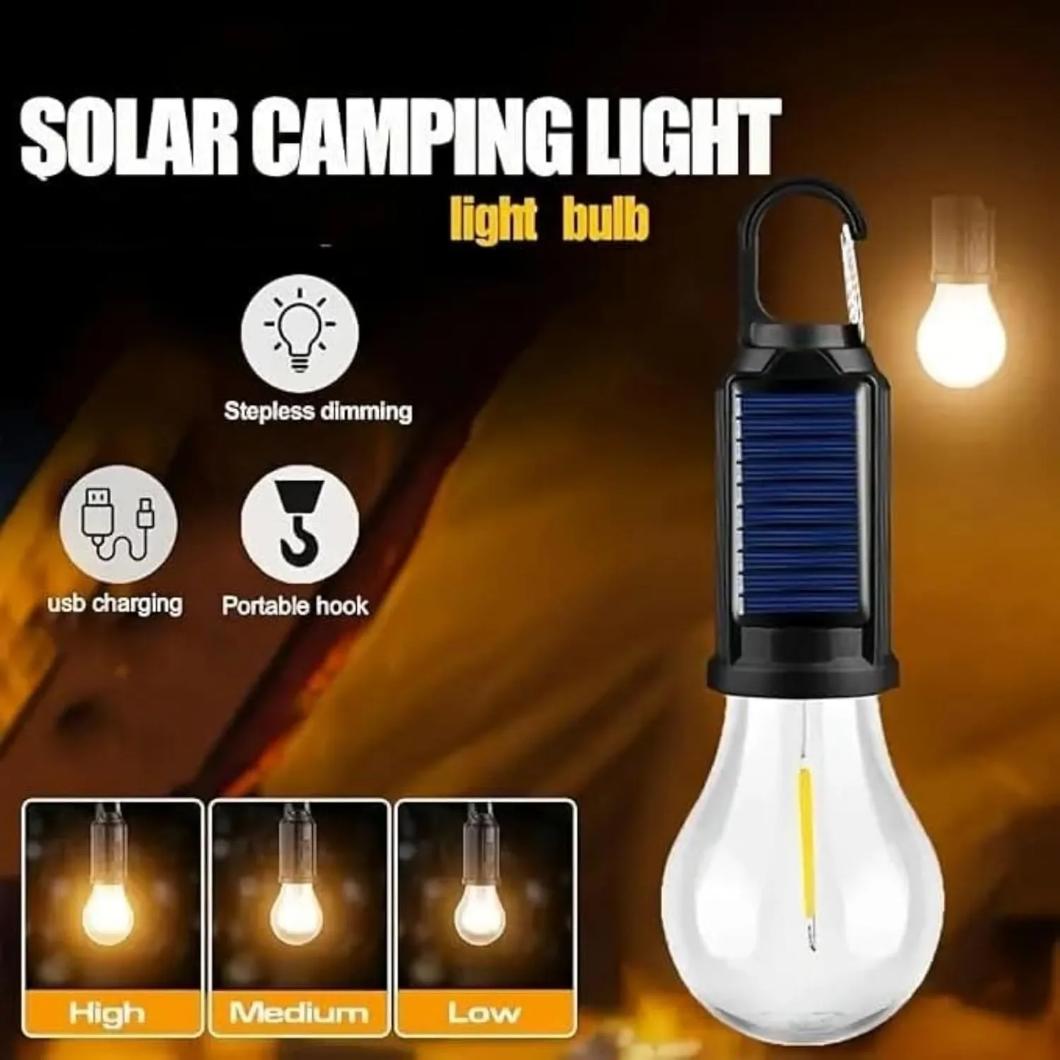 Solar Rechargeable Hooked Camping Light, Vintage Outdoor Tent Ambient Light, Outdoor Waterproof, 2025 New Solar Tent USB Rechargeable Led Camping Lantern, with Clip Hook, Vintage (B)