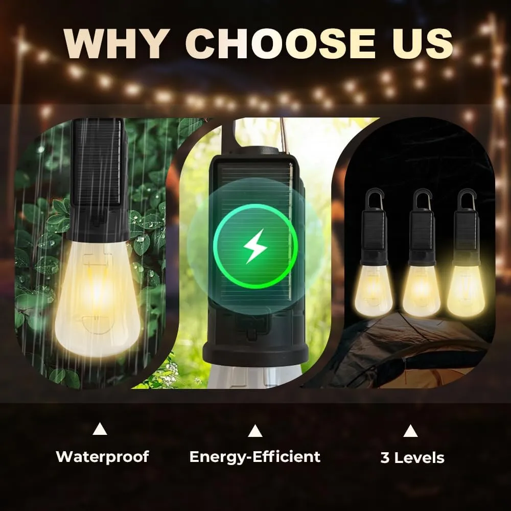 Solar Rechargeable Hooked Camping Light – Waterproof LED Camp Light Bulbs with 3 Brightness Modes, Dual Charging, Portable Camp Bulbs for Hiking, Tents, Outdoor & Emergency Use (Flat Bottom, 6)