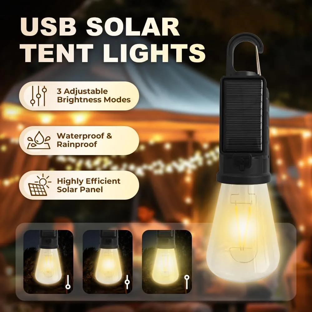 Solar Rechargeable Hooked Camping Light – Waterproof LED Camp Light Bulbs with 3 Brightness Modes, Dual Charging, Portable Camp Bulbs for Hiking, Tents, Outdoor & Emergency Use (Flat Bottom, 6)