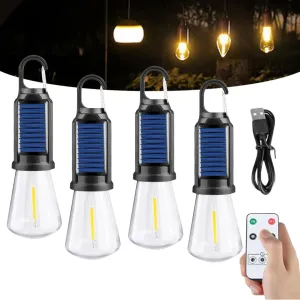 Solar Rechargeable Hooked Camping Light,Waterproof USB Rechargeable LED Outdoor Emergency Light Bulb,Multi Functional Portable Tent Ambient Light (4pcs Flat, 7.6*2.4in)