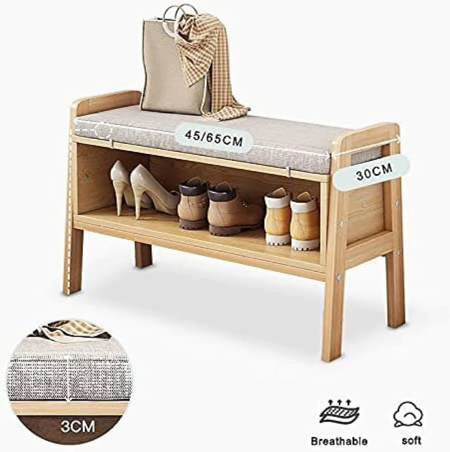 Solid Wood Shoe Cabinet,Bench Upholstered Footstool,Modern Entry Boot Storage Rack,Linen Upholstered Bench,Open Shoe Cabinet Shoe Rack Shoe Stool,A,65x45x30cm