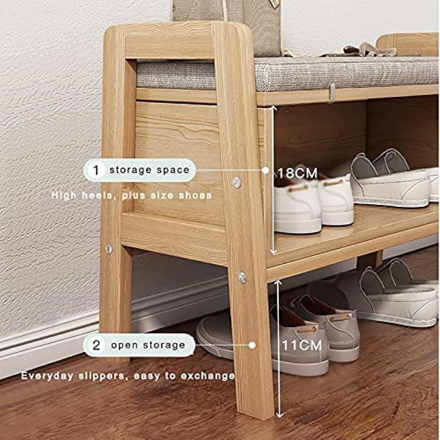 Solid Wood Shoe Cabinet,Bench Upholstered Footstool,Modern Entry Boot Storage Rack,Linen Upholstered Bench,Open Shoe Cabinet Shoe Rack Shoe Stool,A,65x45x30cm