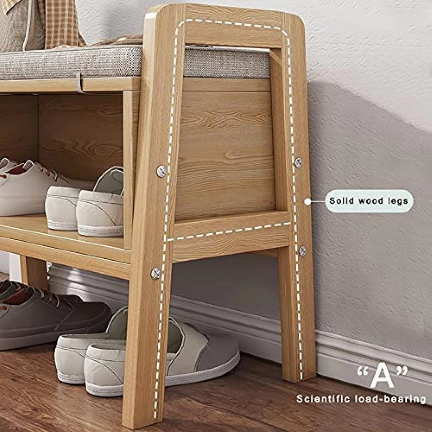 Solid Wood Shoe Cabinet,Bench Upholstered Footstool,Modern Entry Boot Storage Rack,Linen Upholstered Bench,Open Shoe Cabinet Shoe Rack Shoe Stool,A,65x45x30cm