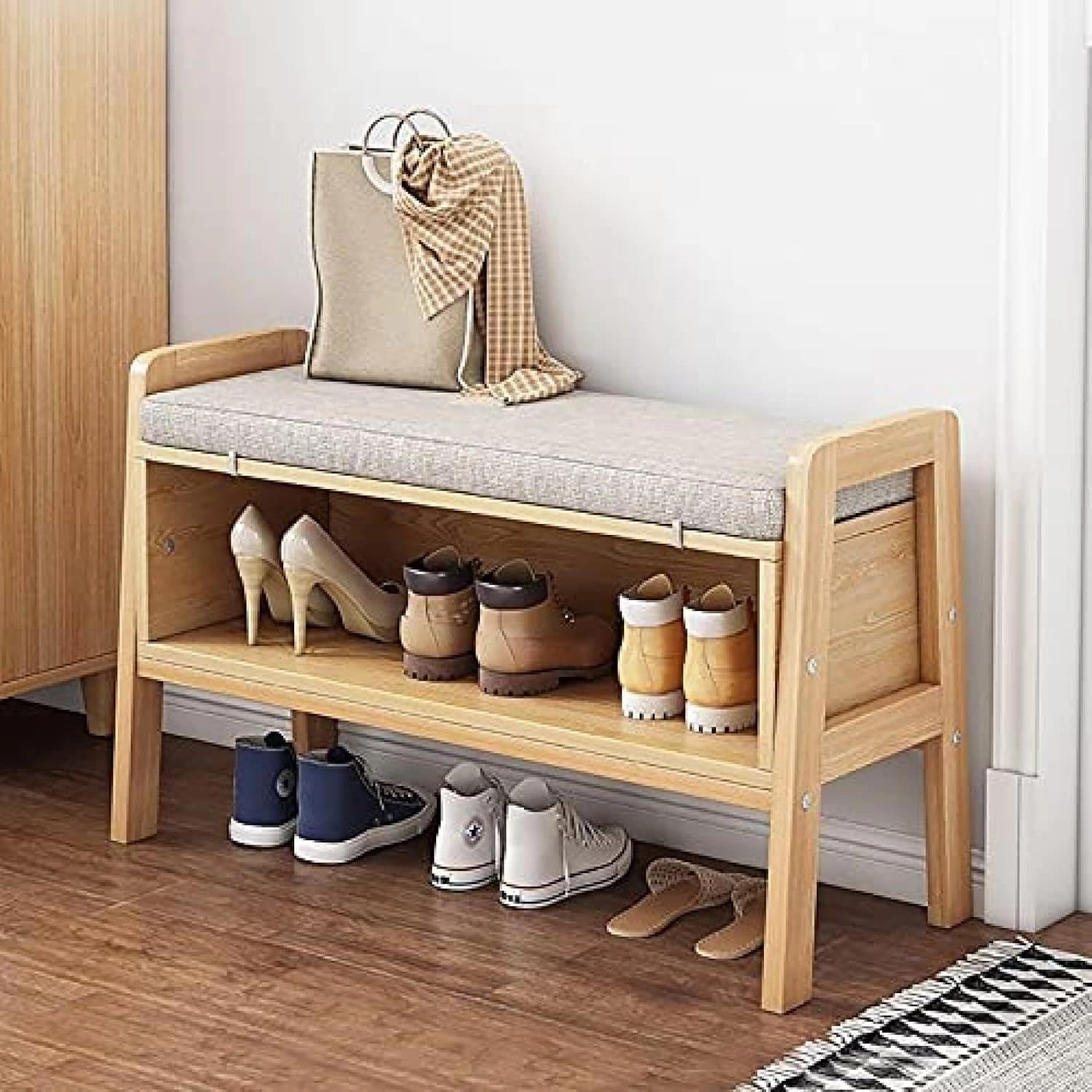Solid Wood Shoe Cabinet,Bench Upholstered Footstool,Modern Entry Boot Storage Rack,Linen Upholstered Bench,Open Shoe Cabinet Shoe Rack Shoe Stool,A,65x45x30cm