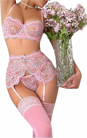 SOLY HUX Sexy Lingerie for Women Lace Mesh Garter Stocking Underwear Matching Bra and Panty Set