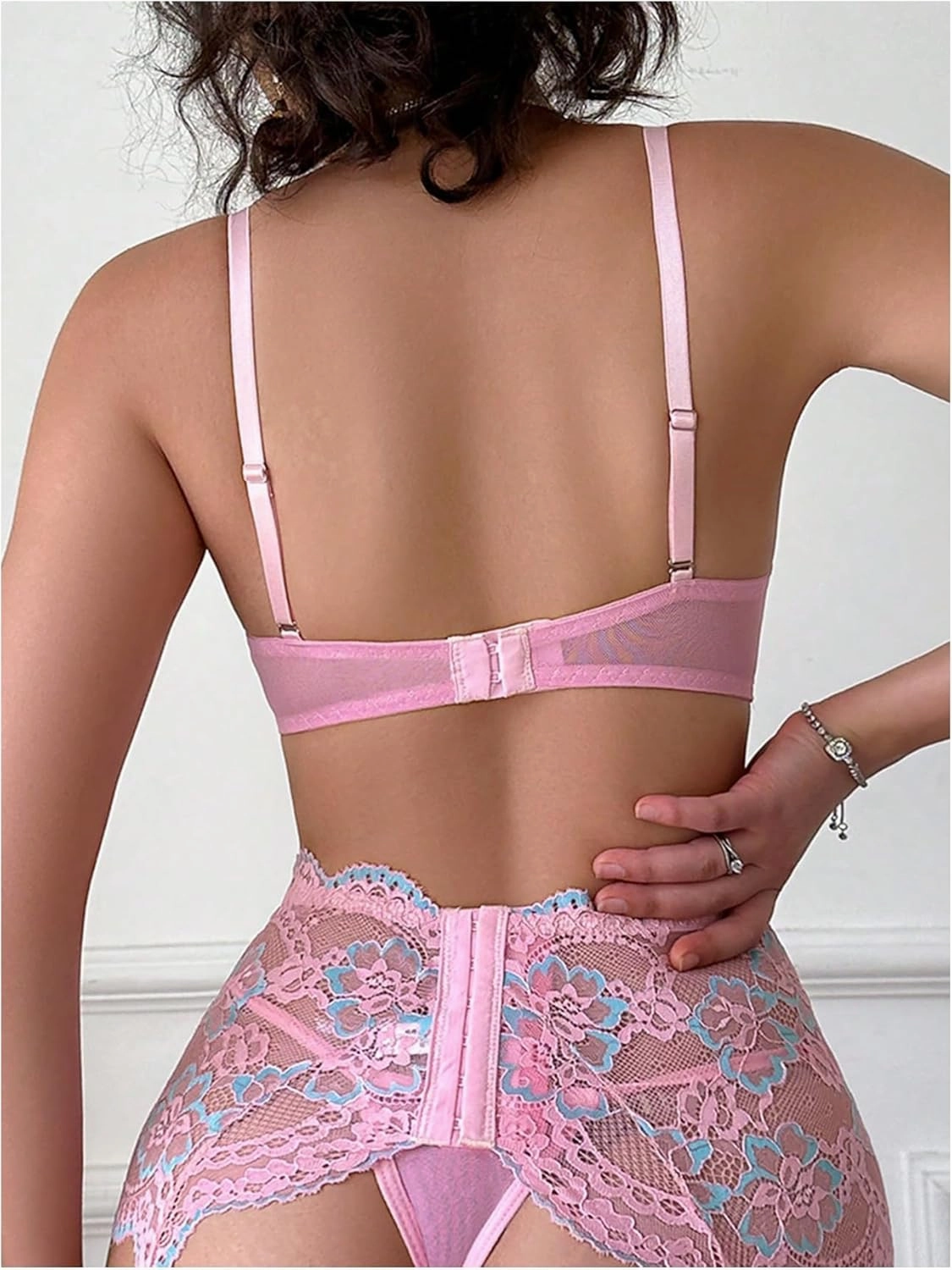 SOLY HUX Sexy Lingerie for Women Lace Mesh Garter Stocking Underwear Matching Bra and Panty Set
