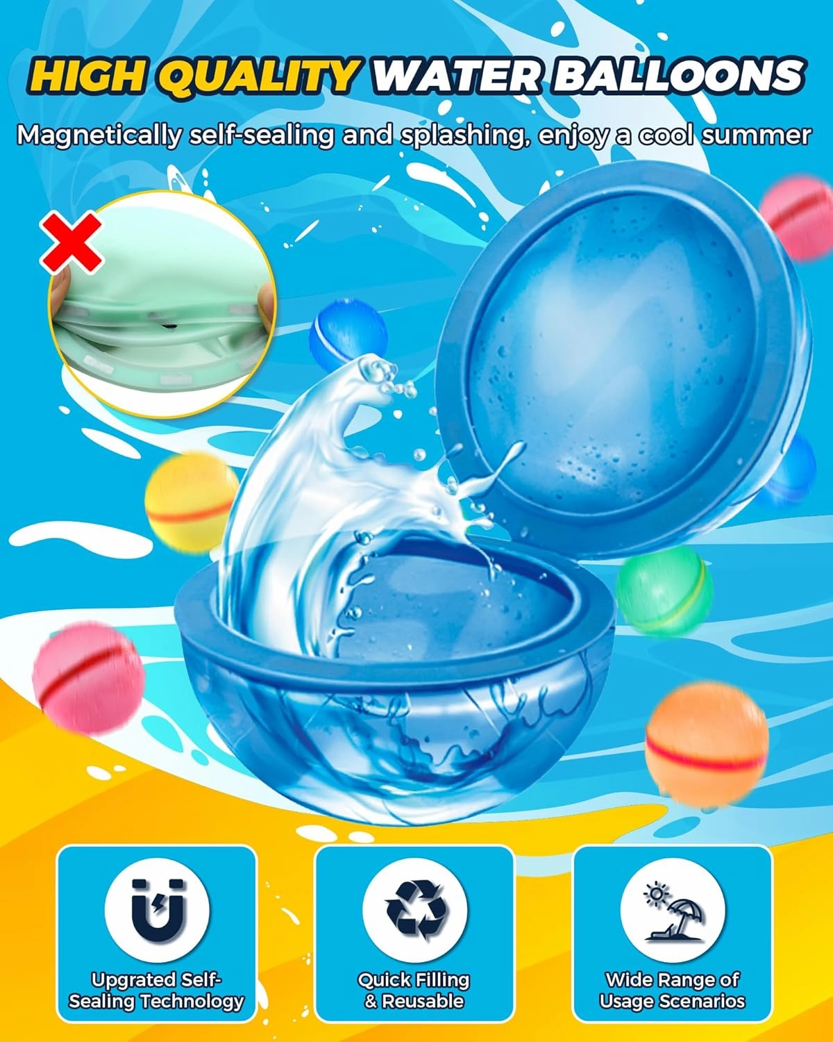 SOPPYCID 8PCS Reusable Water Balloons Refillable Water Bomb, Pool Toys for Boys Girls Adults, Outdoor Toys Family Water Ballon Fights for Beach, Grass, Backyard, Camp, Party, Playground