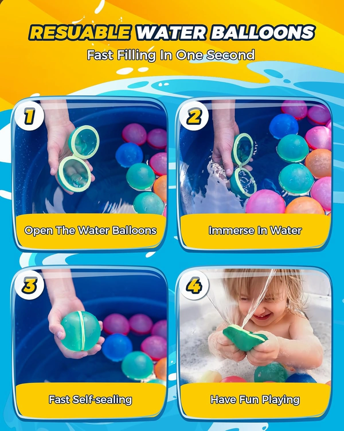 SOPPYCID 8PCS Reusable Water Balloons Refillable Water Bomb, Pool Toys for Boys Girls Adults, Outdoor Toys Family Water Ballon Fights for Beach, Grass, Backyard, Camp, Party, Playground