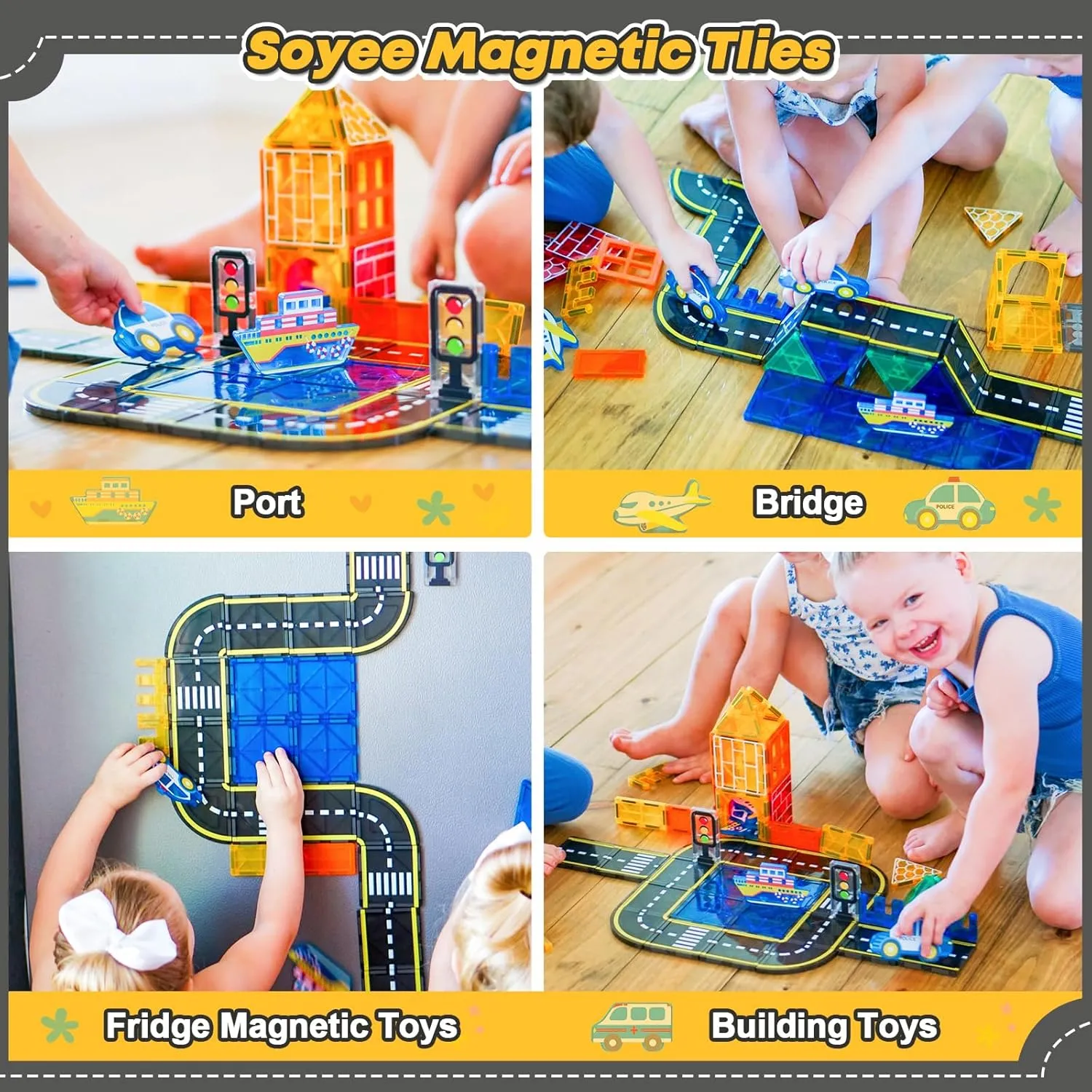 Soyee Magnetic Tiles Road Cars Set Magnetic Building Blocks Boys Toys Ages 3 4 5 6 7 8 Sensory Preschool Construction Toddler Toys Gifts for 3  Year Old Boys Girls