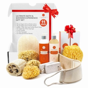 Spa Gift Set for Women. "Ultimate Bath & Shower Experience" 11-piece Tropical Scent Gift Set with Body Wash, Body Lotion and Natural Sponges, Loofahs and Pumice $110 Value