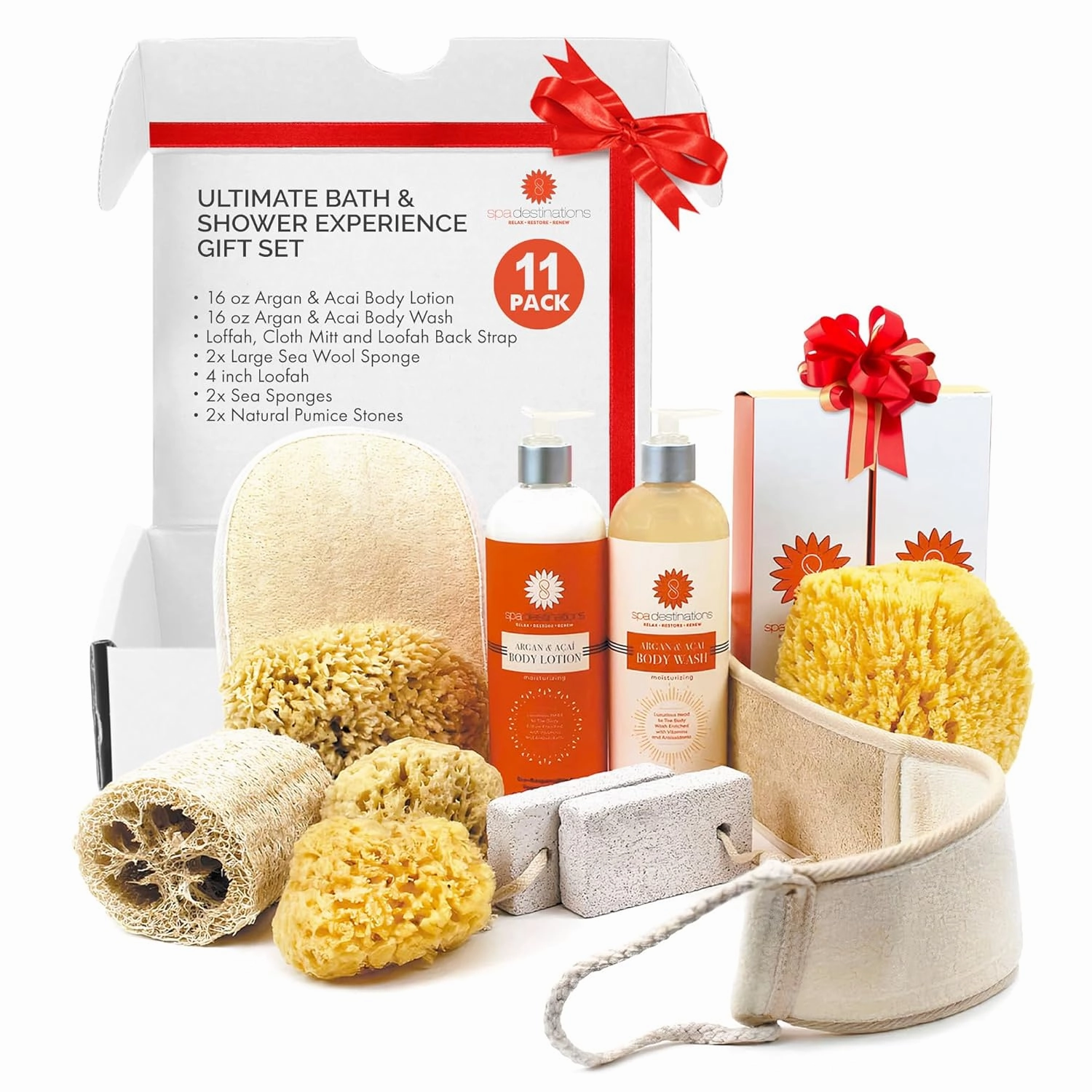 Spa Gift Set for Women. "Ultimate Bath & Shower Experience" 11-piece Tropical Scent Gift Set with Body Wash, Body Lotion and Natural Sponges, Loofahs and Pumice $110 Value