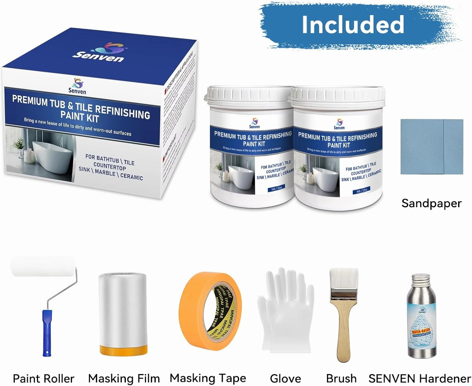 Specialty Tub and Tile Refinishing Kit Tile Paint, 64oz, High Gloss, White Paint for Tiles Ceramic Porcelain Bathtub Sinks Toilets Resurfacing Bathroom Walls, Water Based