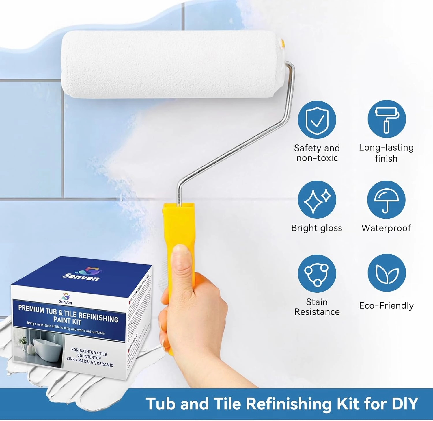 Specialty Tub and Tile Refinishing Kit Tile Paint, 64oz, High Gloss, White Paint for Tiles Ceramic Porcelain Bathtub Sinks Toilets Resurfacing Bathroom Walls, Water Based