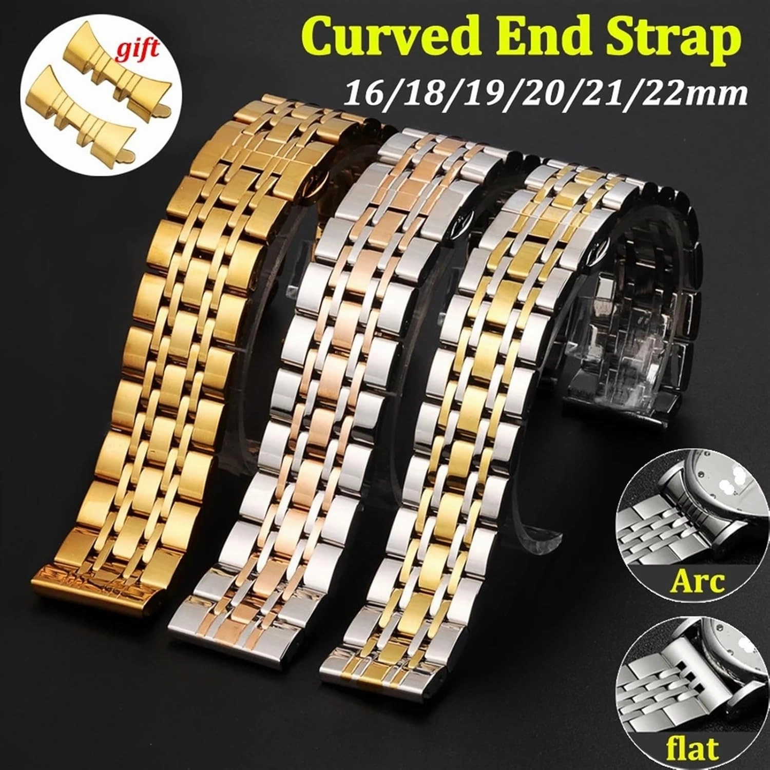 Stainless Steel Band Curved End 16mm 18mm 19mm 20mm 21mm 22mm Universal Band Folding Clasp Solid Metal Wristband