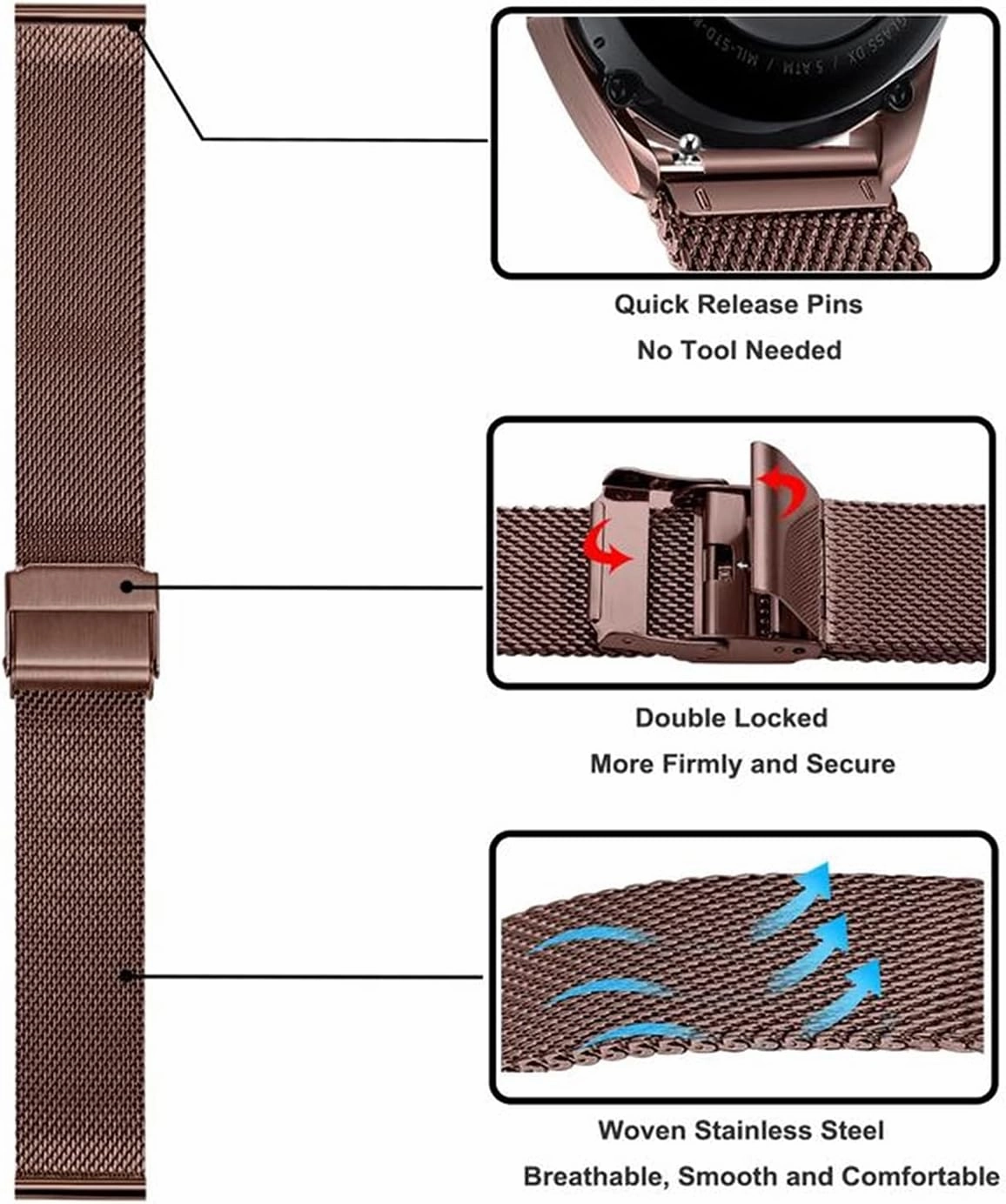 Stainless Steel Watchband Compatible with Watch3 41mm 45mm Quick Release Band Mesh Strap Watch 3 Wristband Rose Gold