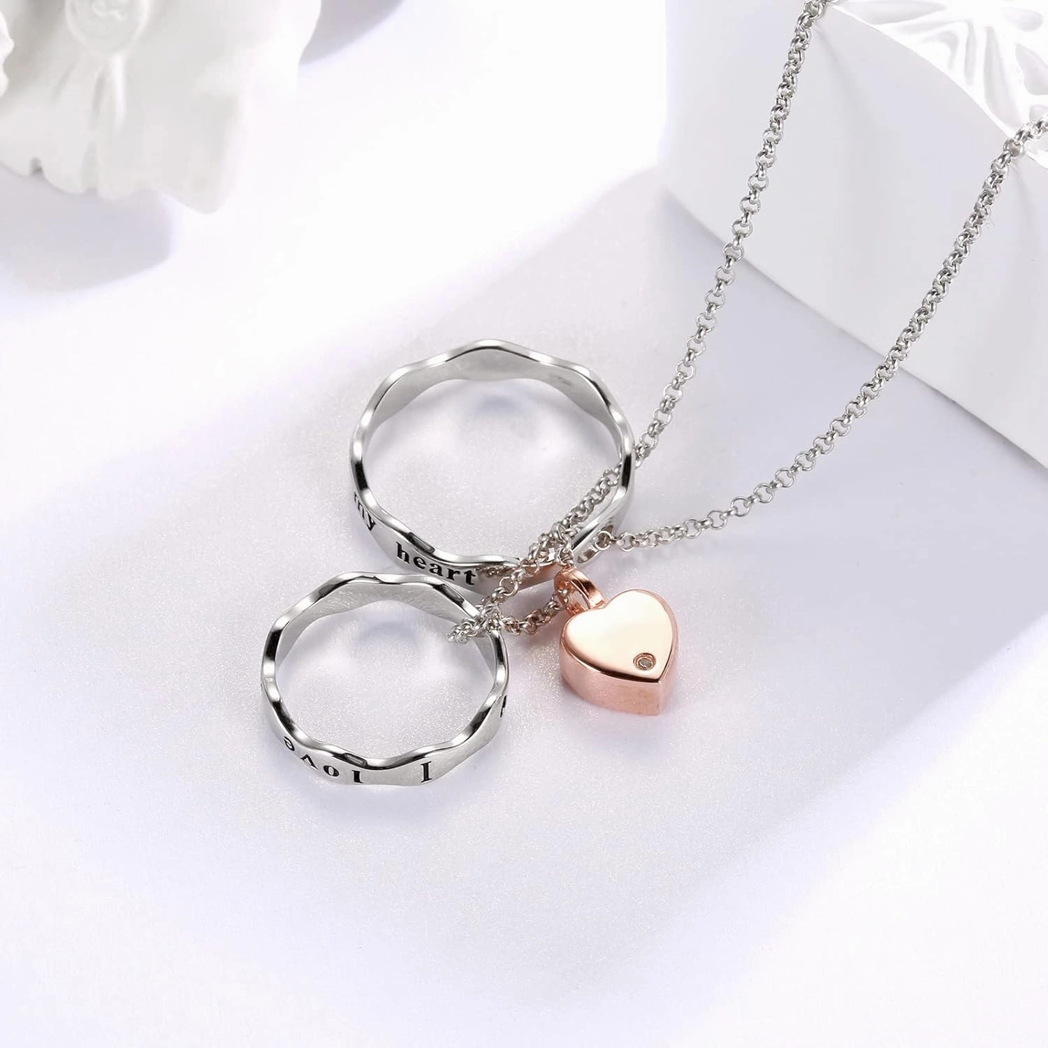 Sterling Silver Keepsake Cremation Jewelry Pendant Eternity Urn Necklace for Ashes - Double Rings Urns Necklaces You Are Always In My Heart I Love You Forever