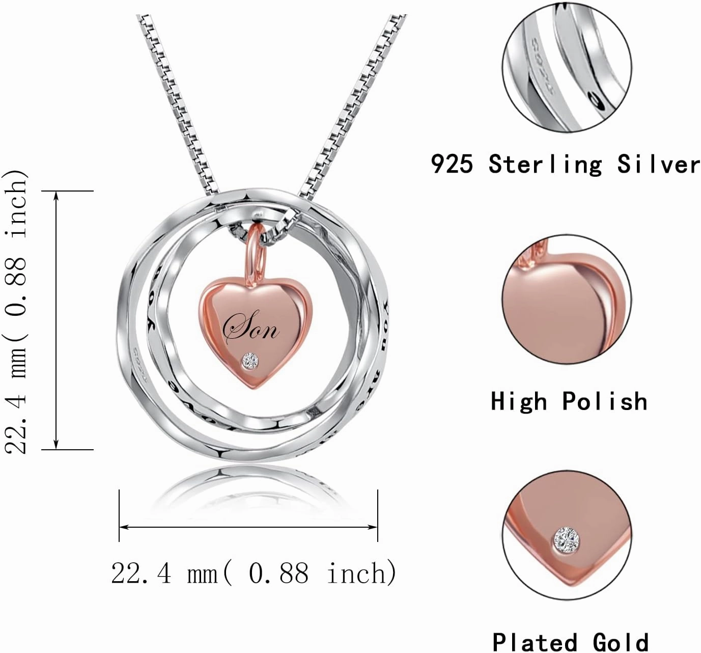 Sterling Silver Keepsake Cremation Jewelry Pendant Eternity Urn Necklace for Ashes - Double Rings Urns Necklaces You Are Always In My Heart I Love You Forever