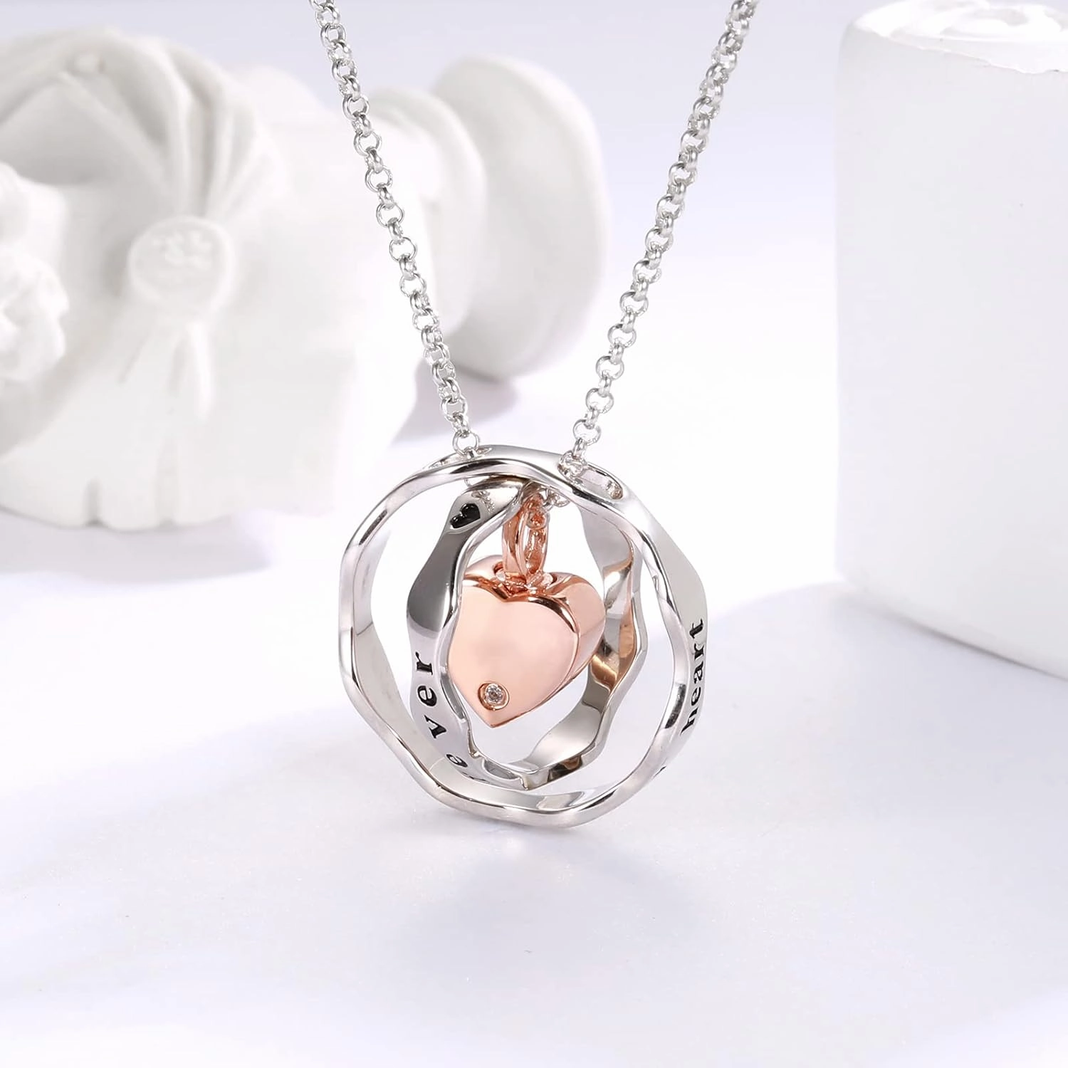 Sterling Silver Keepsake Cremation Jewelry Pendant Eternity Urn Necklace for Ashes - Double Rings Urns Necklaces You Are Always In My Heart I Love You Forever