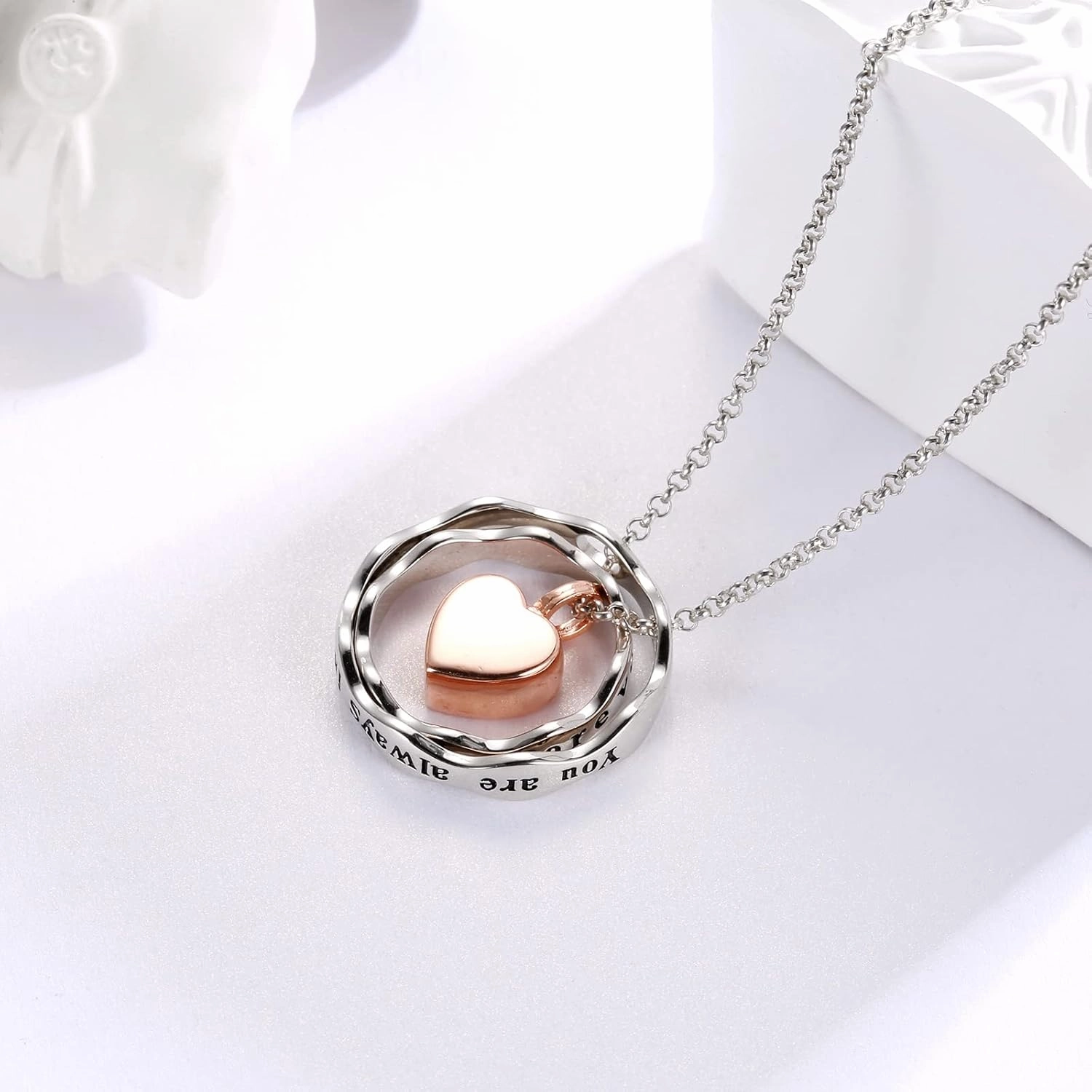 Sterling Silver Keepsake Cremation Jewelry Pendant Eternity Urn Necklace for Ashes - Double Rings Urns Necklaces You Are Always In My Heart I Love You Forever