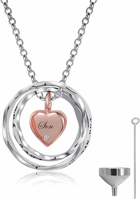 Sterling Silver Keepsake Cremation Jewelry Pendant Eternity Urn Necklace for Ashes - Double Rings Urns Necklaces You Are Always In My Heart I Love You Forever