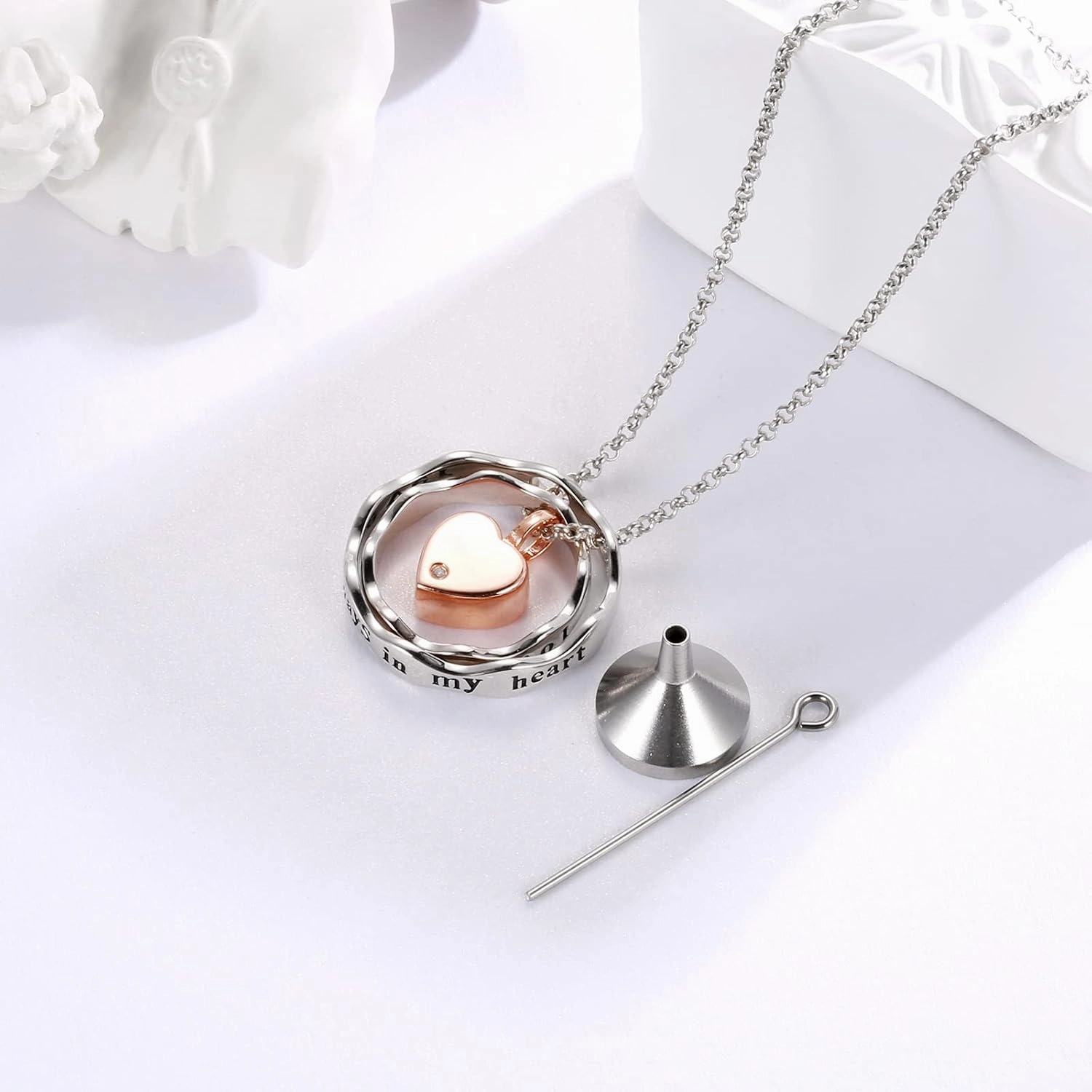 Sterling Silver Keepsake Cremation Jewelry Pendant Eternity Urn Necklace for Ashes - Double Rings Urns Necklaces You Are Always In My Heart I Love You Forever