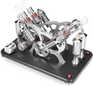 Stirling Engine Kit, Metal Bootable V4 4-Cylinder Parallel Stirling Engine Model with Colorful LED Light, Desktop Display Physics Science Experiment for Youth Adult