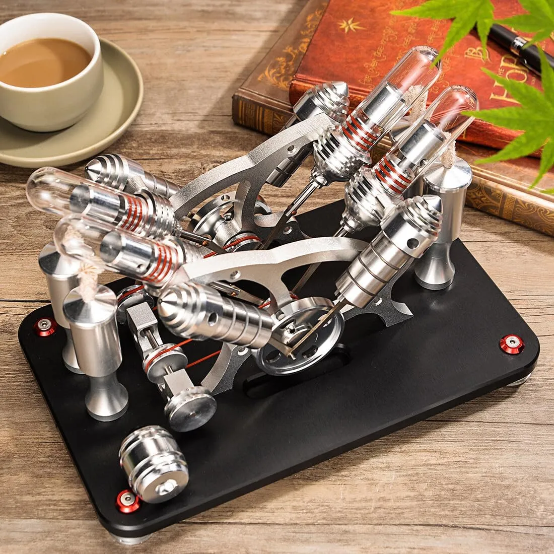 Stirling Engine Kit, Metal Bootable V4 4-Cylinder Parallel Stirling Engine Model with Colorful LED Light, Desktop Display Physics Science Experiment for Youth Adult