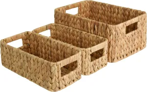 StorageWorks Water Hyacinth Storage Baskets, Square Wicker Baskets with Built-in Handles, Hand-Woven Baskets for Bedroom, Bathroom, Pantry, Shelves, Set of 3 (1PC Large, 2PCS Medium)