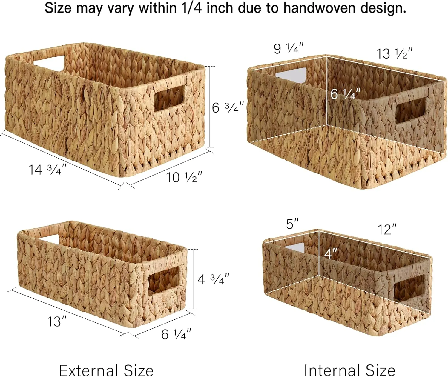 StorageWorks Water Hyacinth Storage Baskets, Square Wicker Baskets with Built-in Handles, Hand-Woven Baskets for Bedroom, Bathroom, Pantry, Shelves, Set of 3 (1PC Large, 2PCS Medium)